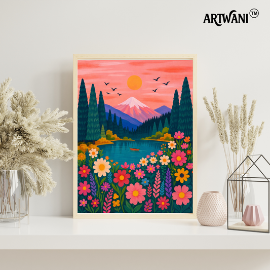“Blooming Serenity” – Mountain Lake Floral Wall Art