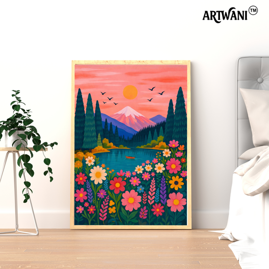 “Blooming Serenity” – Mountain Lake Floral Wall Art