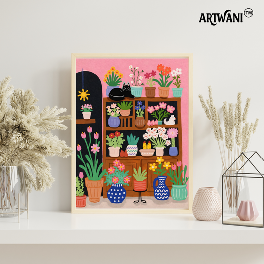 “Cozy Plant Corner” – Whimsical Indoor Garden Wall Art