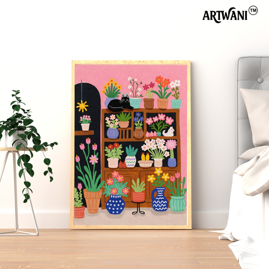 “Cozy Plant Corner” – Whimsical Indoor Garden Wall Art