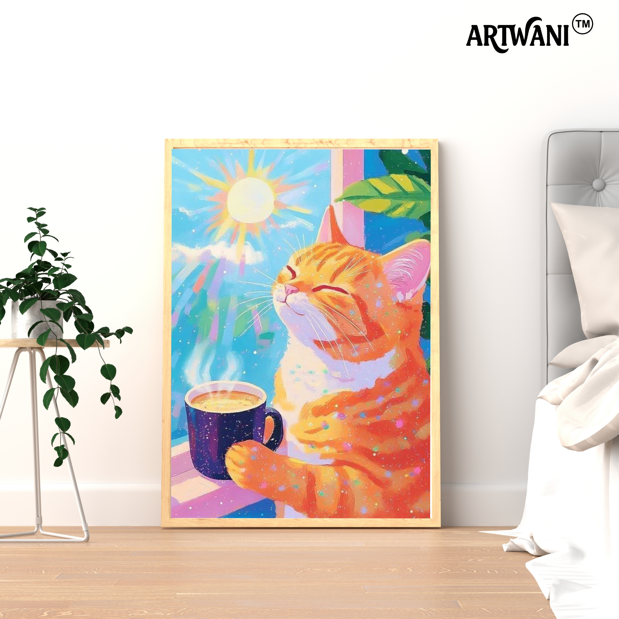 "Golden Morning Bliss" – Cat & Coffee Wall Art