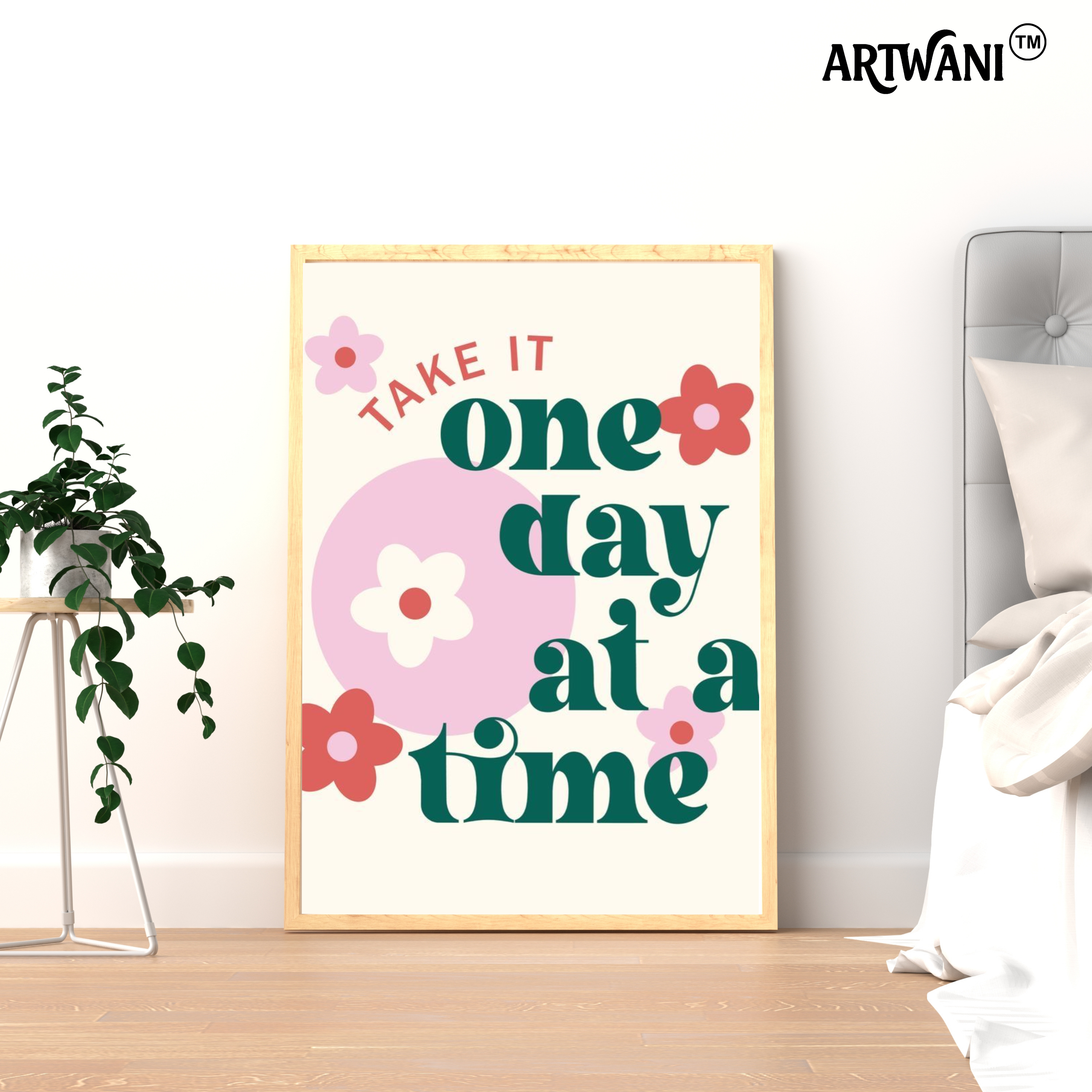 “One Day at a Time” – Floral Motivation Wall Art