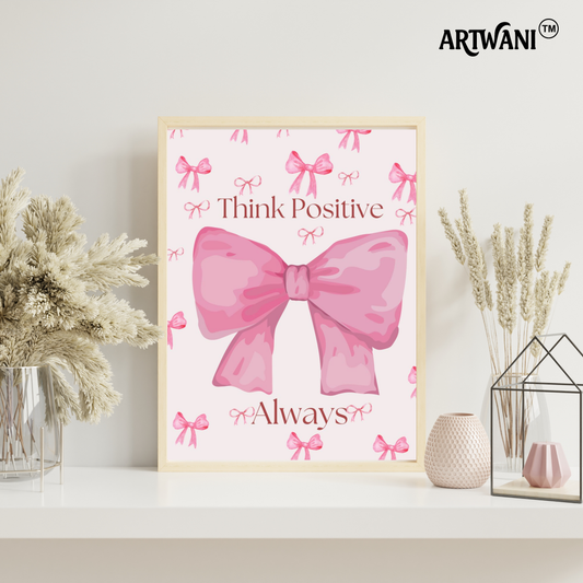 “Think Positive Always” – Pink Bow Aesthetic Wall Art