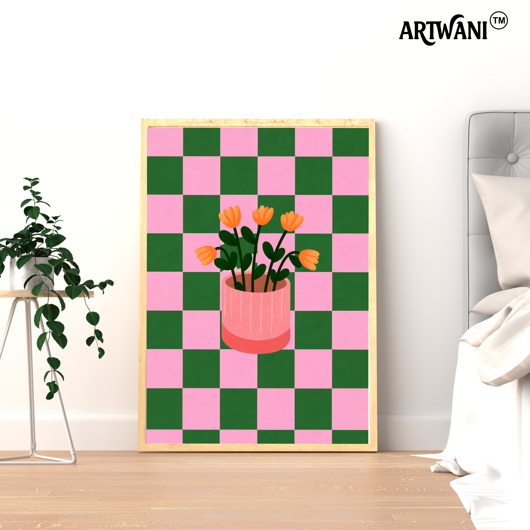 Checkered Bloom – Minimal Floral Wall Art